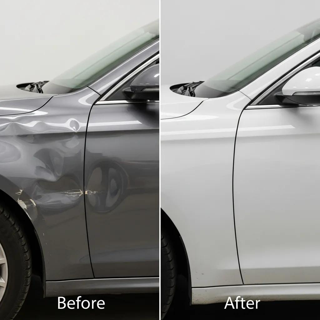 Before-and-after of a dent repair showing preserved paint and improved vehicle appearance