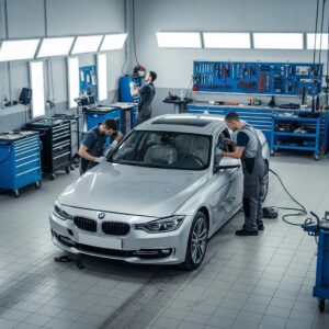 BMW 3 Series in a collision repair shop with technicians working on it