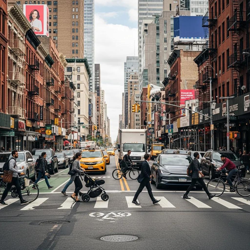Crowded urban street with pedestrians and cyclists, showing the visibility and space challenges of city driving