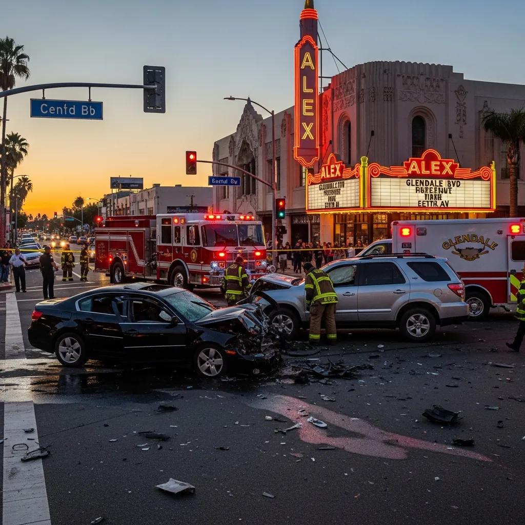 Car accident scene in Glendale, CA, featuring damaged vehicles, emergency responders, and the historic Alex Theater in the background, with fire trucks and police presence.