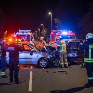 Car accident scene with emergency responders and damaged vehicles, emphasizing the auto insurance claims process