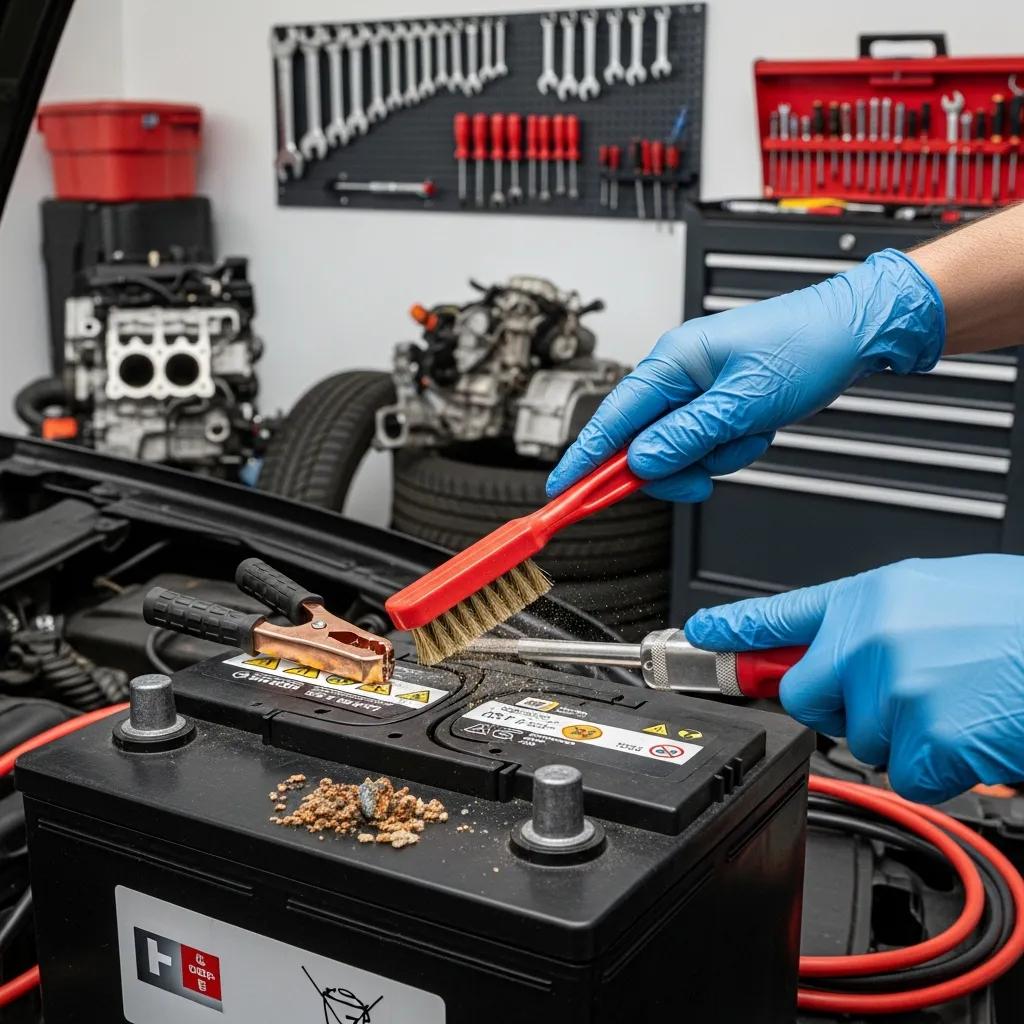 Car battery maintenance with tools and a person in a garage setting