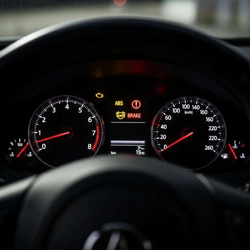 Car dashboard displaying illuminated brake warning lights and ABS indicator, signaling potential brake system issues and the need for immediate inspection.