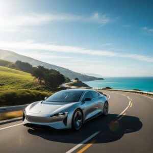 Car driving on a scenic highway representing fuel efficiency and eco-friendly driving