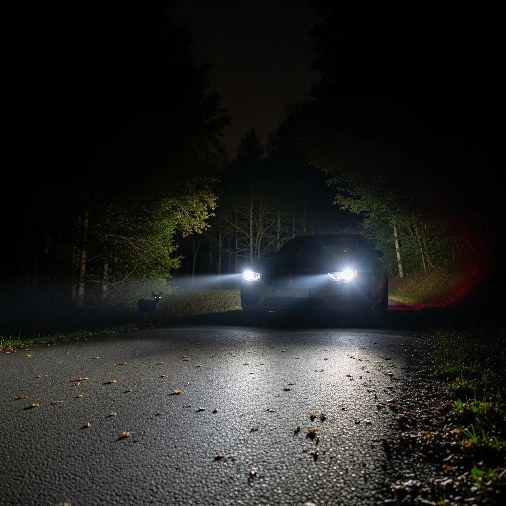 Car driving safely at night with illuminated headlights on a dark road, highlighting visibility and nighttime driving conditions.