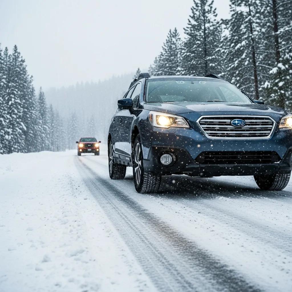 Car driving safely on a snow-covered road with visible tire tracks, surrounded by snowy trees, illustrating winter driving conditions and safety practices.