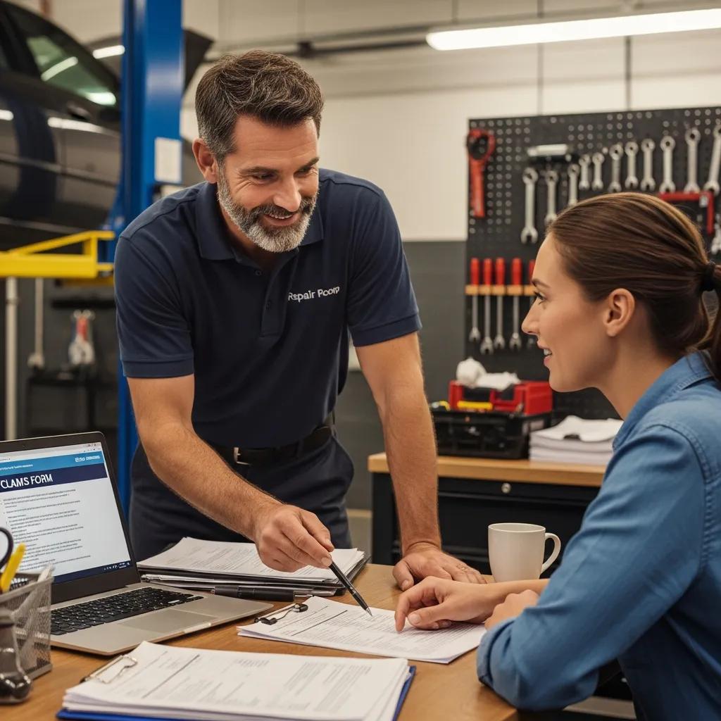 Customer and repair advisor reviewing hail damage photos and insurance paperwork together