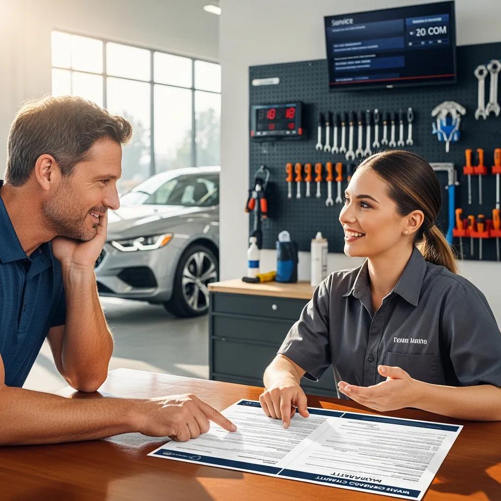 A vehicle owner talking through warranty details with a technician in a body shop, illustrating clear communication and trust