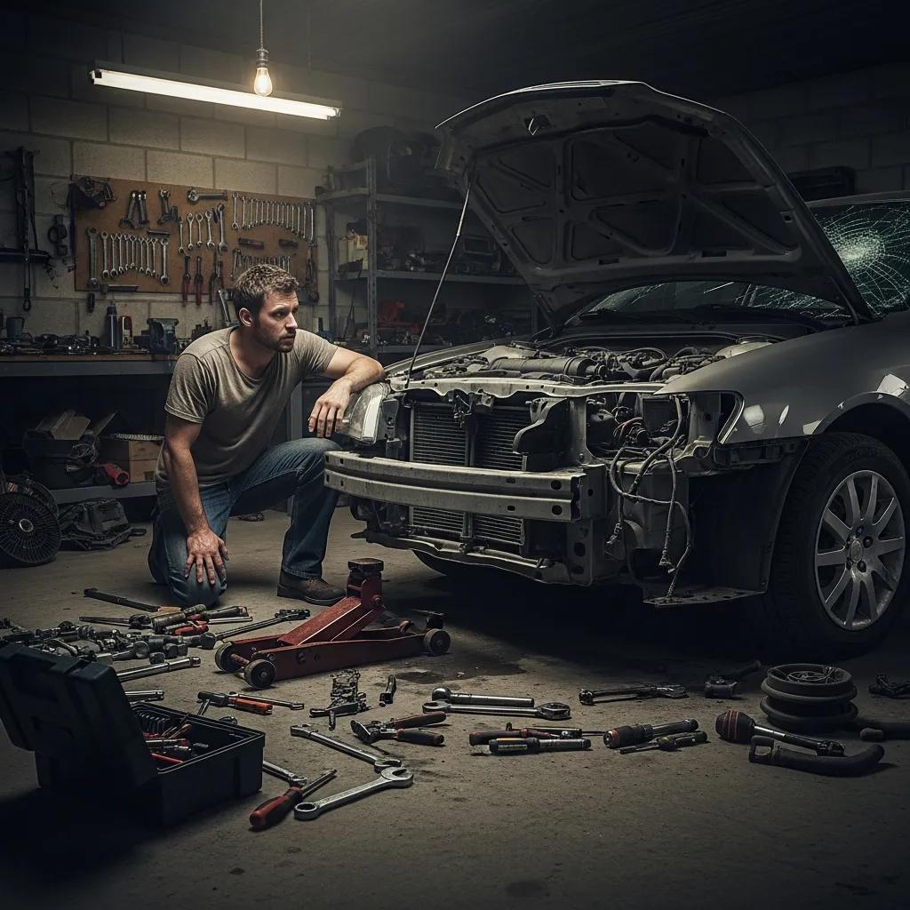 Man inspecting a damaged vehicle in a garage, surrounded by tools and equipment, illustrating the risks of DIY car repairs after an accident.