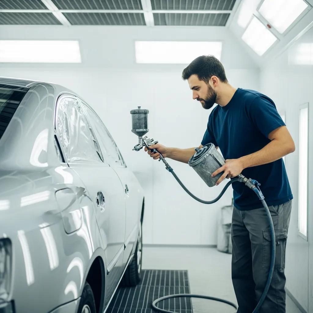 Professional auto body technician painting a car in a Los Angeles shop, showcasing quality and expertise in vehicle painting services.