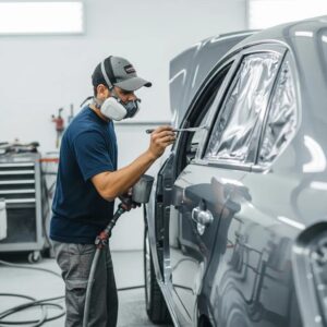 Car painting process in a professional shop, highlighting quality and warranty assurance
