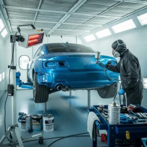 Car painting process in an automotive shop highlighting the importance of paint curing