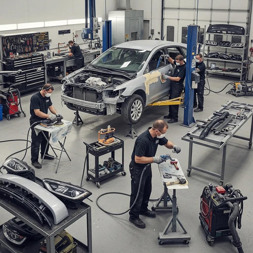 Technicians working on vehicle body repairs in an auto body shop, featuring a partially disassembled car and various tools, illustrating the car accident repair process.