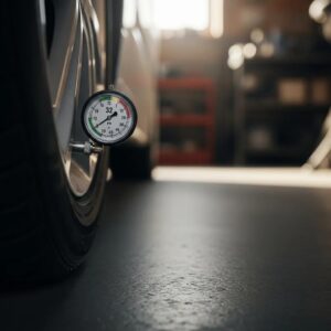 Car tire with valve stem and pressure gauge emphasizing vehicle safety and maintenance