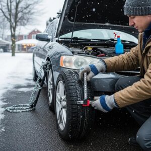 Car winter preparation with a person inspecting tires and battery in snowy conditions