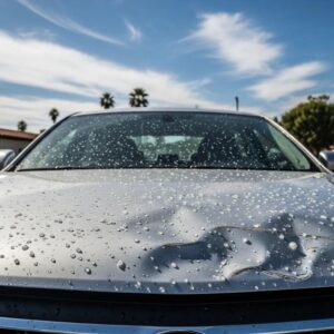 Car with hail damage in Pasadena, highlighting dents and dimples on the surface