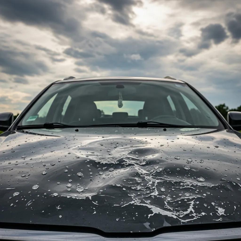 Car hood with hail damage showing dents and paint chips, emphasizing the need for repair after a storm, with water droplets on the surface.