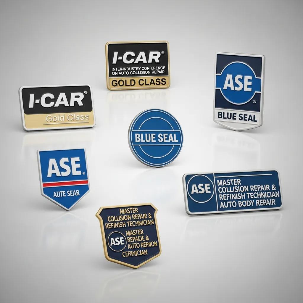 Certification badges for auto body repair including I-CAR and ASE