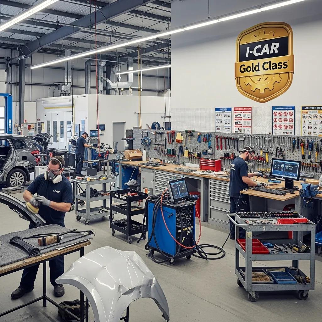 Technicians working in a certified I-CAR Gold Class auto body repair shop, focusing on vehicle repairs with tools and equipment in a well-organized workshop.