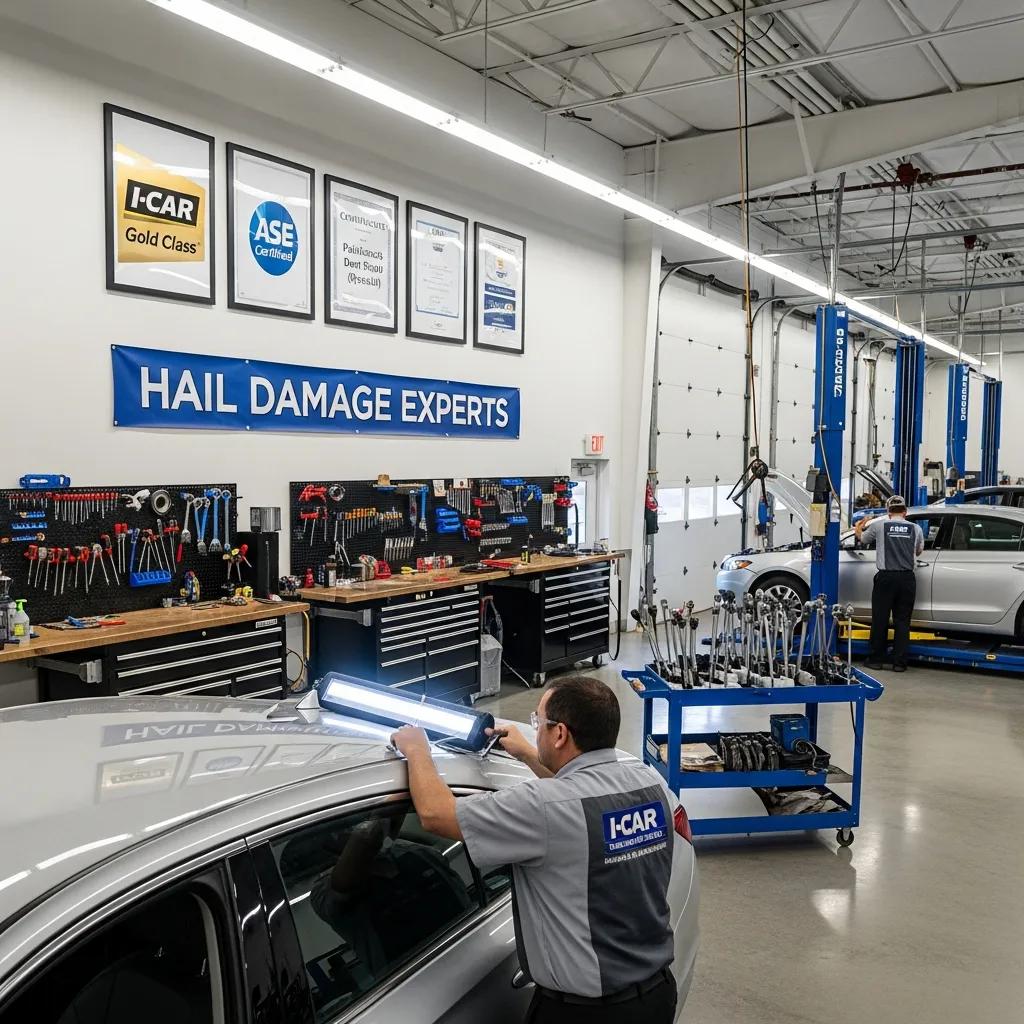 Certified auto repair shop specializing in hail damage repair with technicians at work