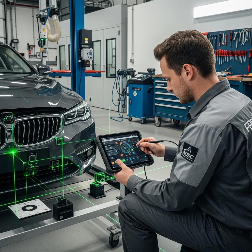 Certified technician calibrating vehicle's ADAS system using a tablet in a professional auto body repair shop, with visible alignment tools and green laser indicators.