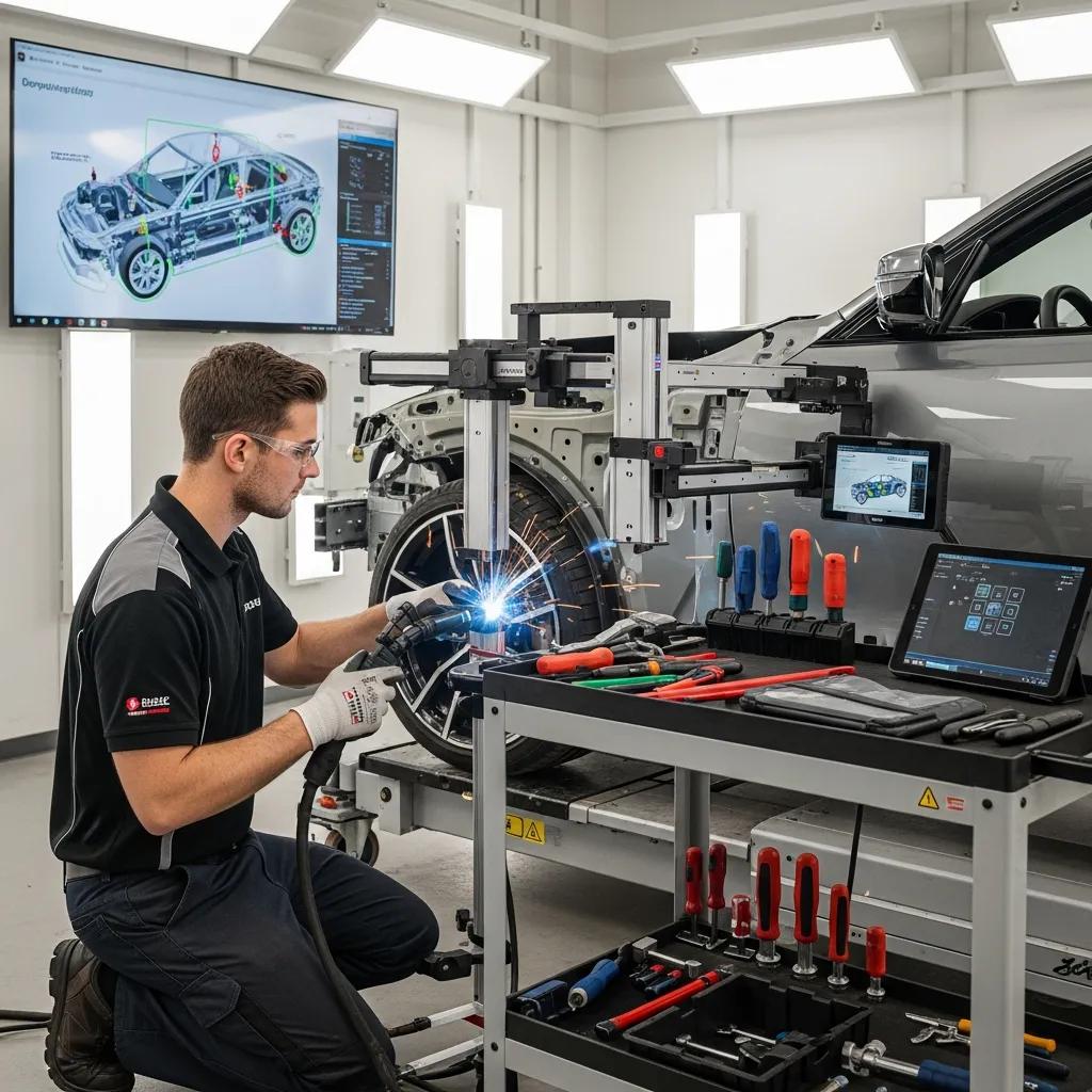 Certified Prime Time technician performing structural repair on a BMW &mdash; precision, OEM procedures, and calibrated equipment