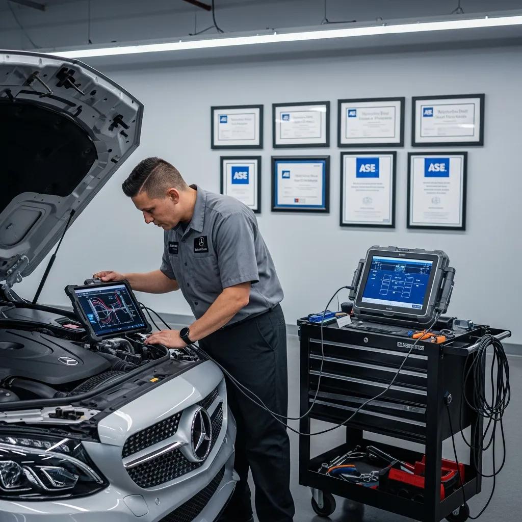 Certified technician inspecting a Mercedes-Benz vehicle using diagnostic equipment in a professional repair shop, with certification documents displayed on the wall, emphasizing expertise in OEM repairs and ADAS calibration.