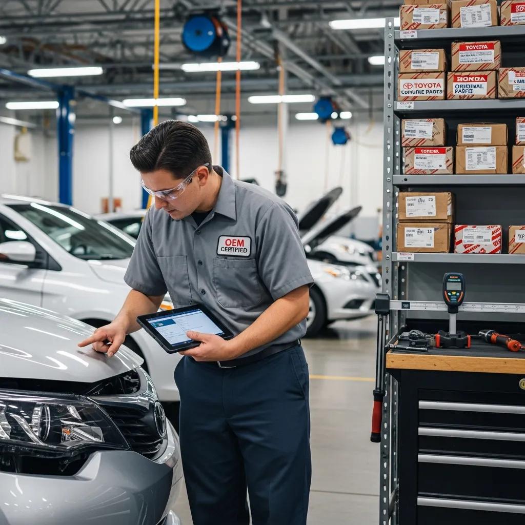 Certified technician inspecting vehicle for OEM-certified collision repair in auto body shop, using tablet for assessment among vehicles and tools.