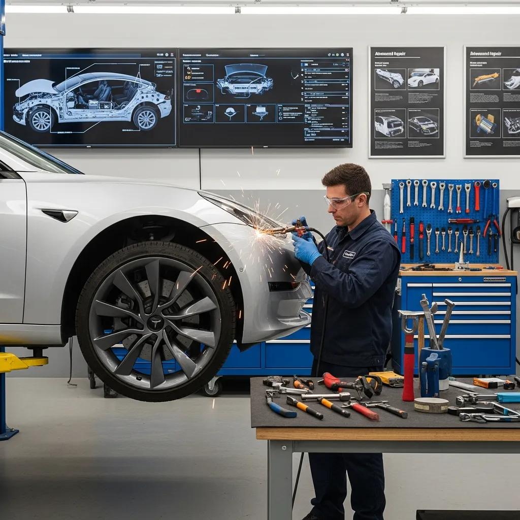 Certified technician performing aluminum repair on a Tesla Model 3, utilizing specialized tools in a well-equipped workspace, with digital displays showing repair information in the background.