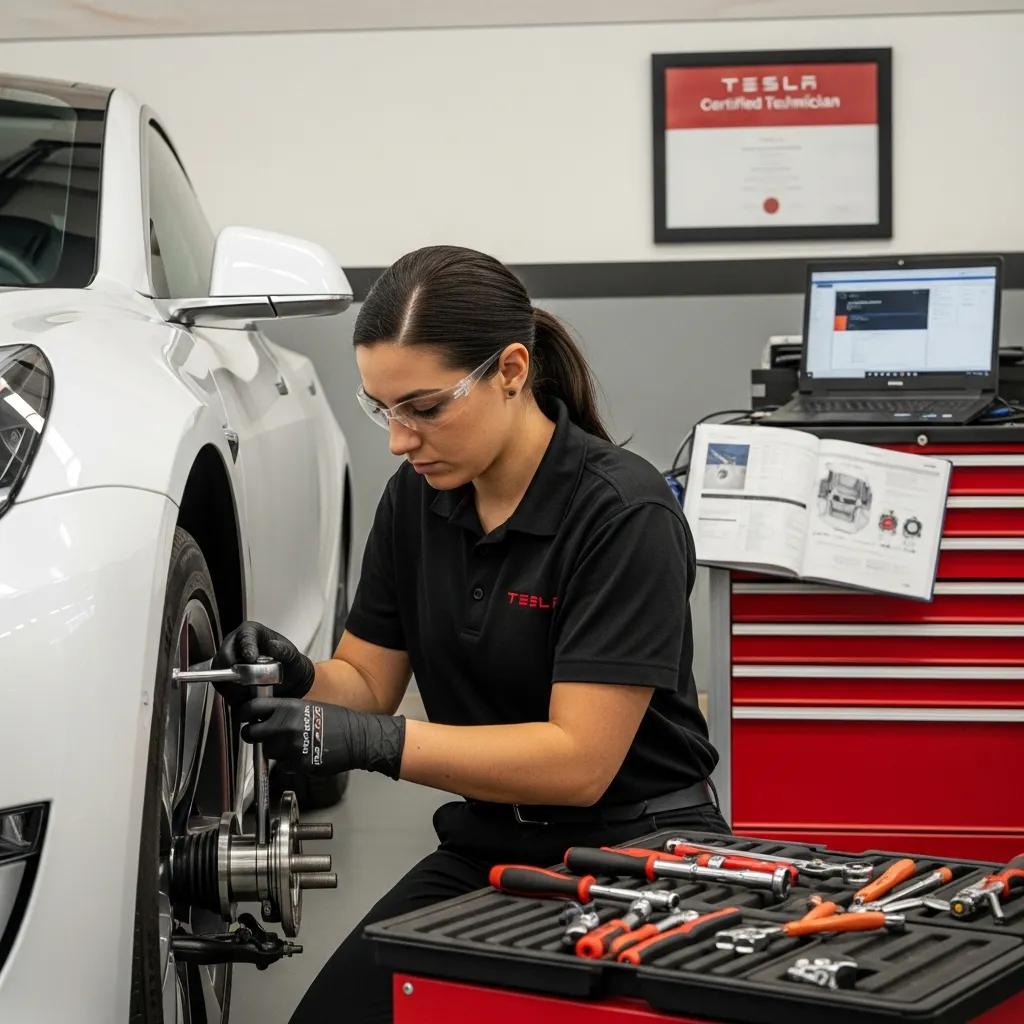 I-CAR certified technician working on a Tesla, demonstrating EV and aluminum repair expertise