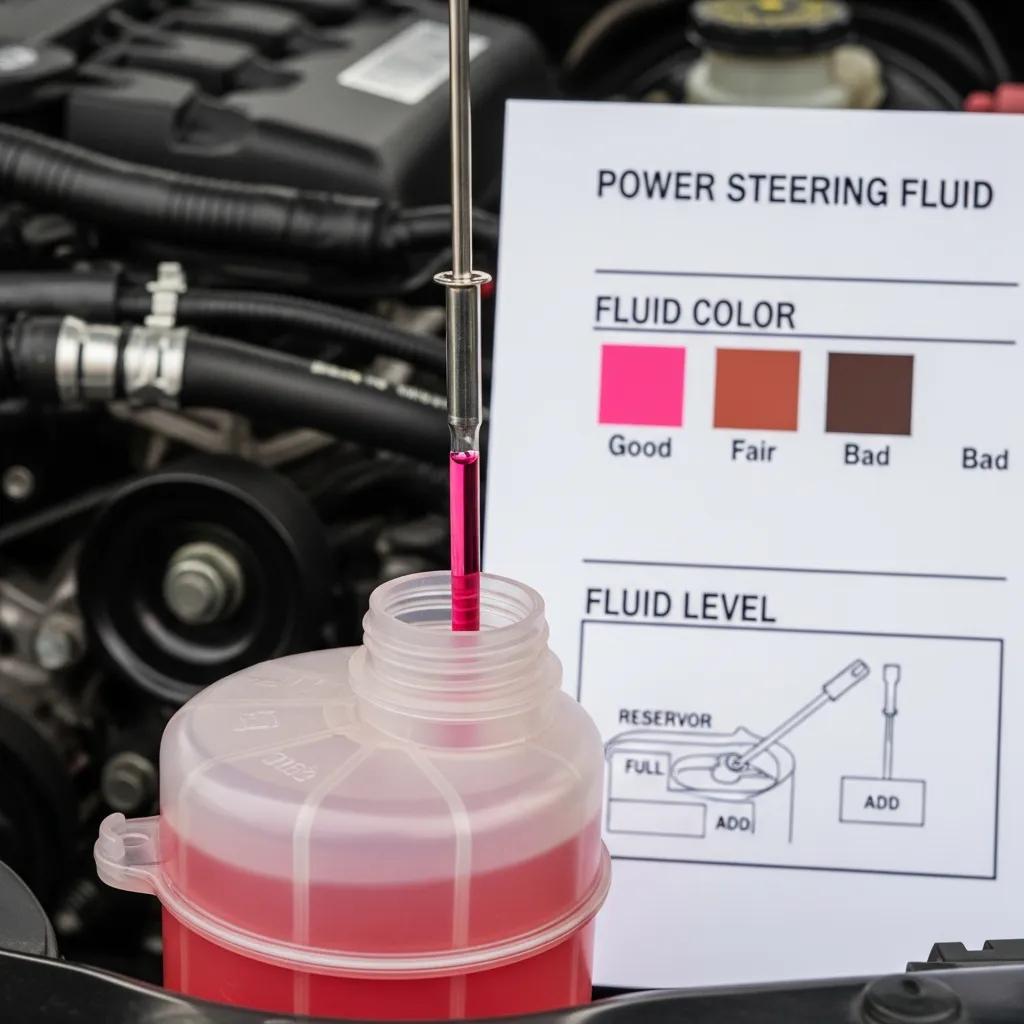 Checklist showing steps to check power steering fluid level and condition