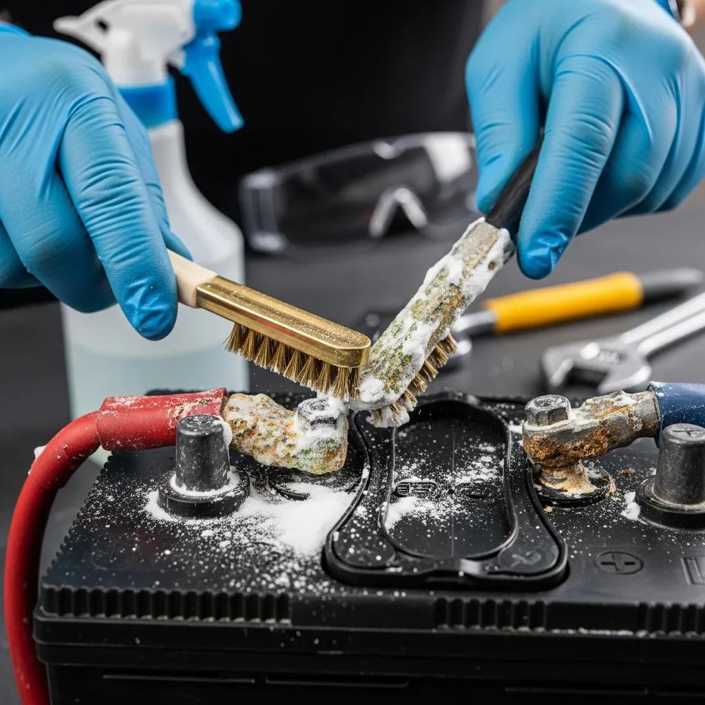 Using a wire brush and baking soda mixture to clean car battery terminals