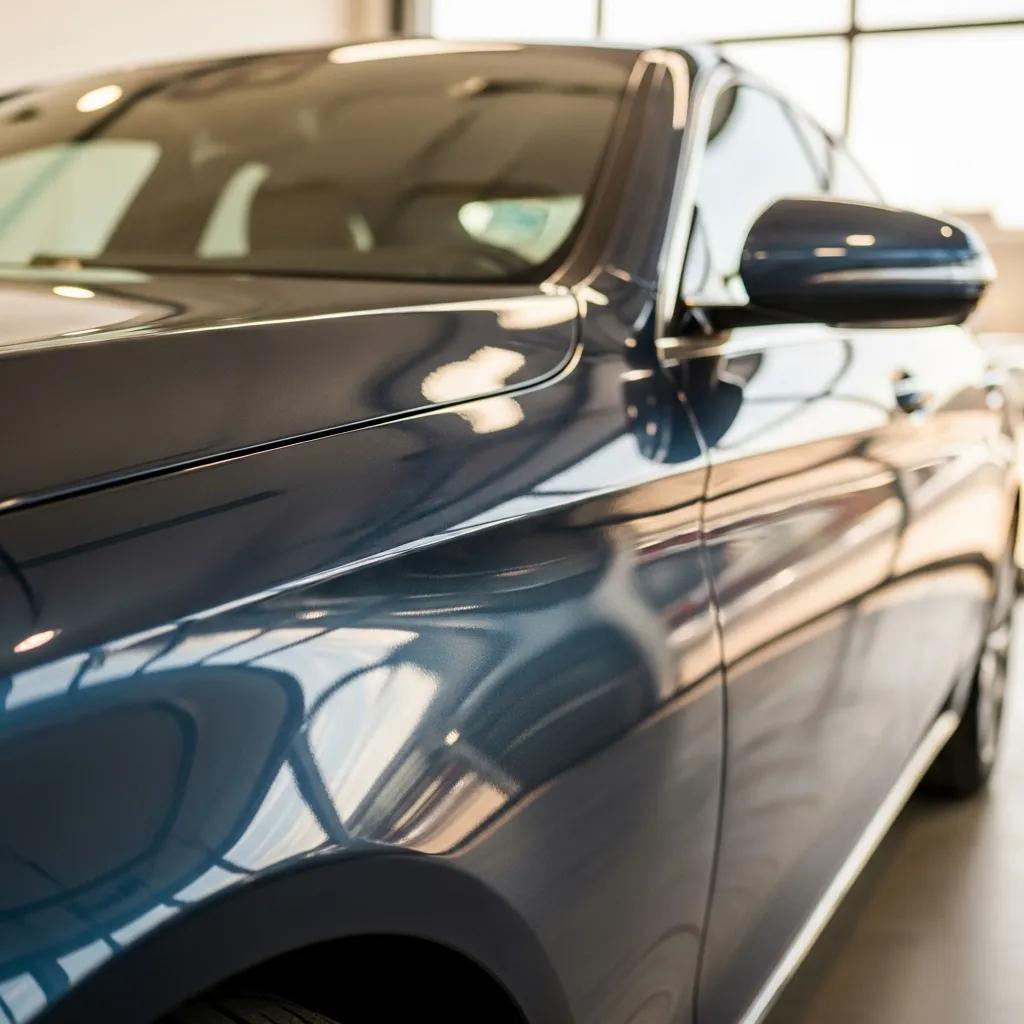 Close-up of a beautifully repaired vehicle highlighting seamless panel gaps and a glossy paint finish, reflecting quality auto body repair and attention to detail.