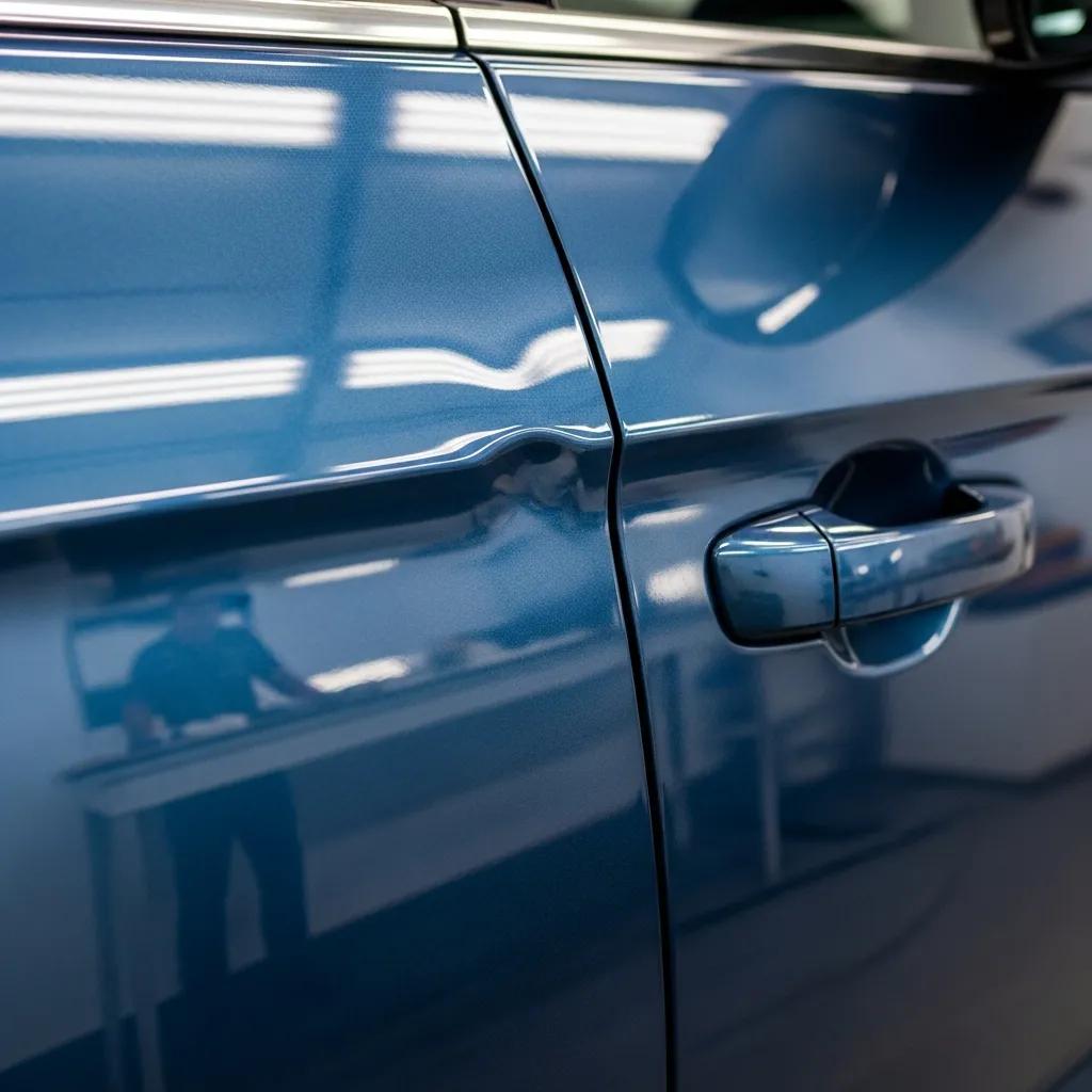Close-up of a blue car door panel with a visible dent, illustrating the impact of Paintless Dent Repair (PDR) techniques that preserve the factory paint and clearcoat.
