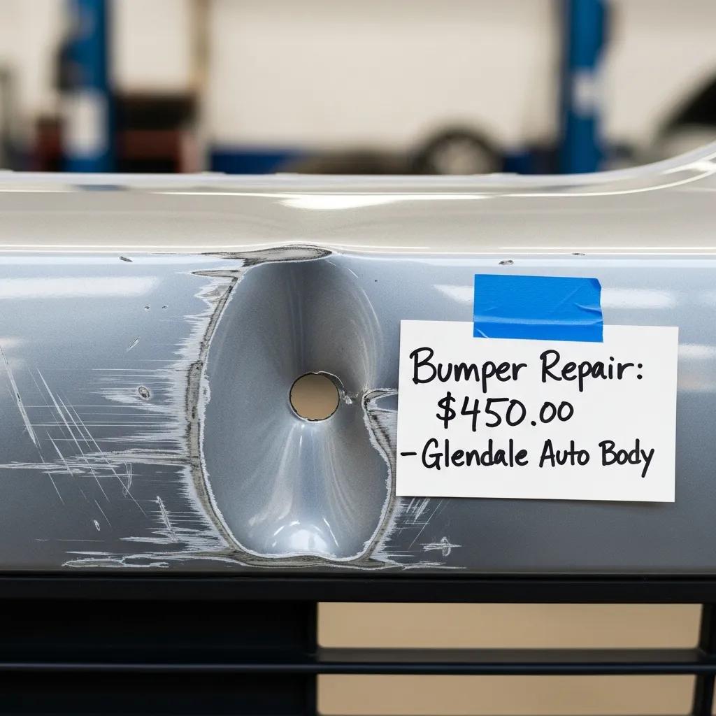 Close-up of a damaged car bumper with scratches and a price tag reading "Bumper Repair: $450.00 -Glendale Auto Body," illustrating typical repair costs for bumper damage.