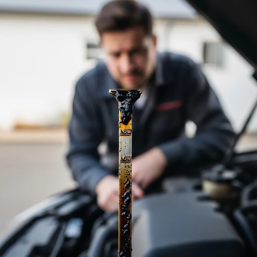 Close-up of a dirty dipstick indicating low engine oil level, with a concerned driver inspecting the engine.