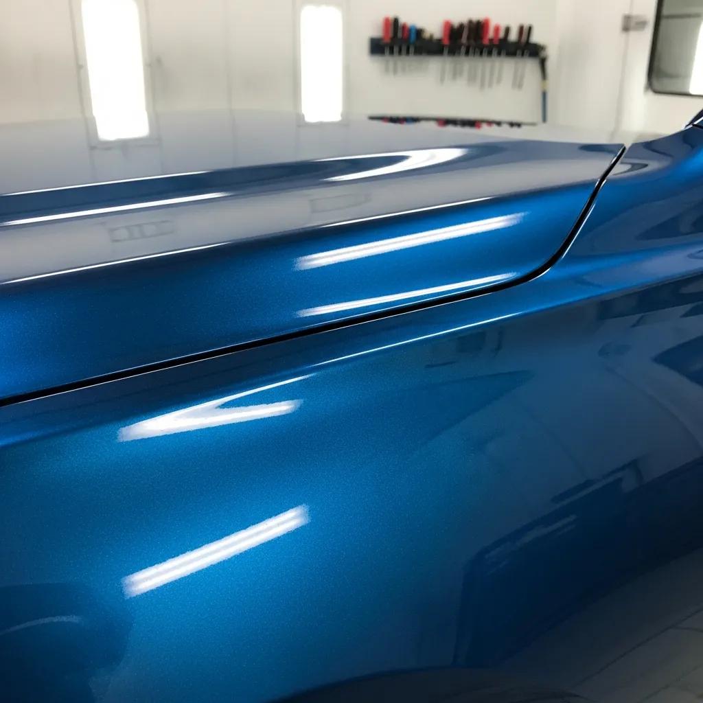 Close-up of a flawless blue car paint finish showcasing OEM-certified quality and precise color matching in a professional workshop setting.