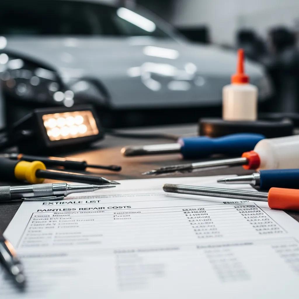 Close-up of a paintless dent repair cost estimate document on a workbench with various tools, including screwdrivers and adhesive, in a garage setting, highlighting PDR services and pricing.