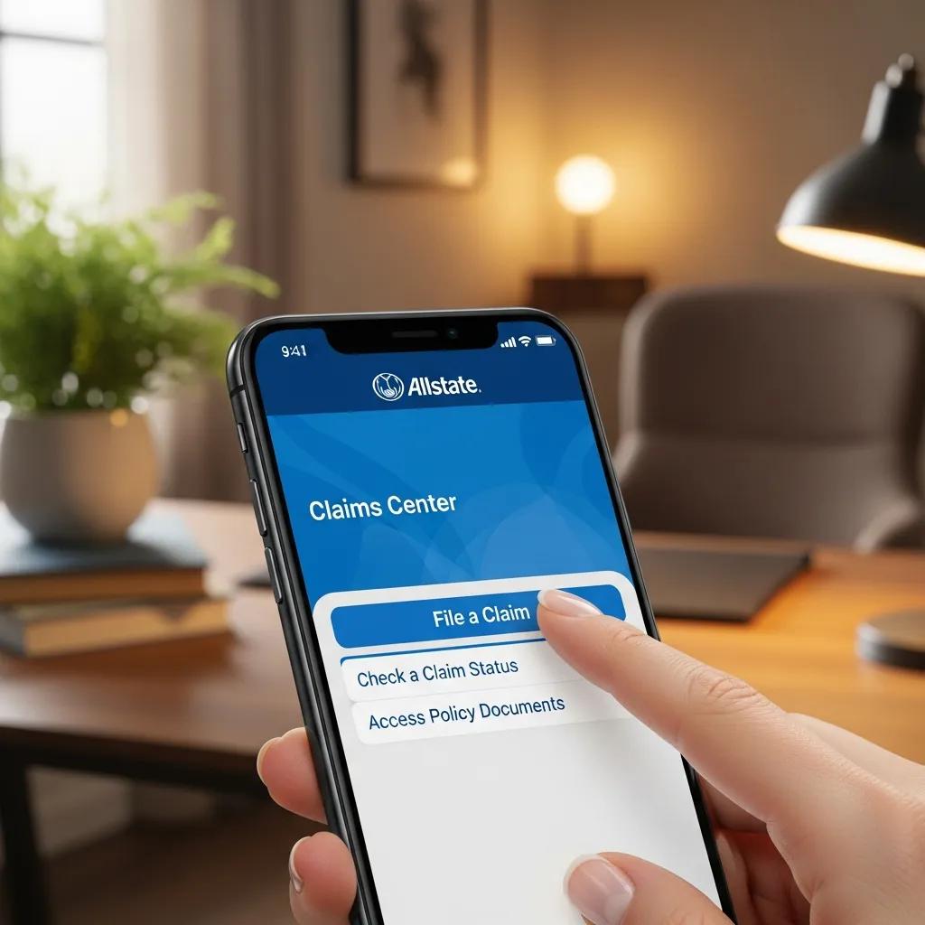 Close-up of a smartphone displaying the Allstate app's Claims Center, highlighting the "File a Claim" option, in a cozy indoor setting with a desk and lamp.
