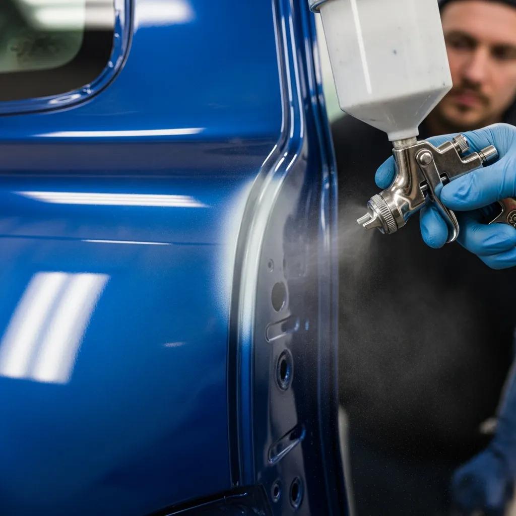 Close-up of technician blending paint on a vehicle panel for a seamless finish