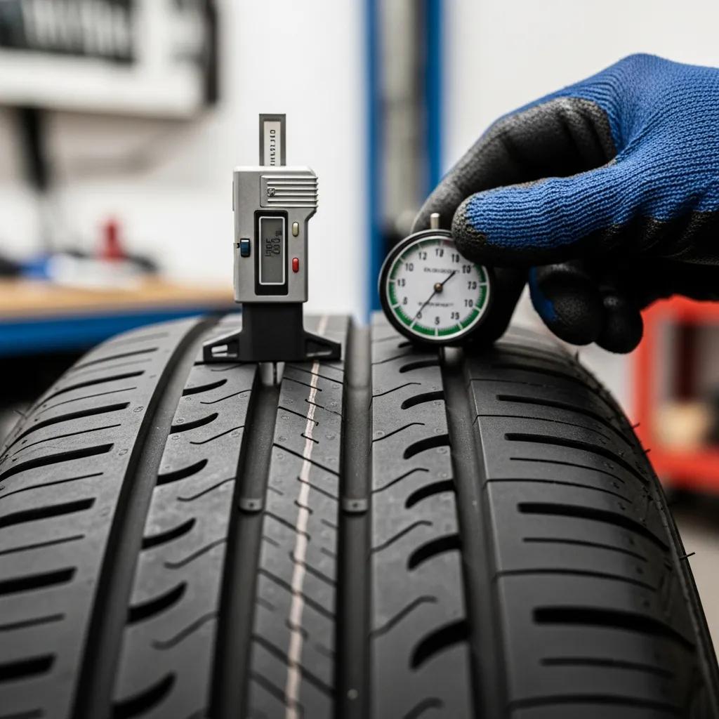 Close-up of a tire being inspected for tread depth and pressure, emphasizing tire maintenance for improved safety on wet roads.