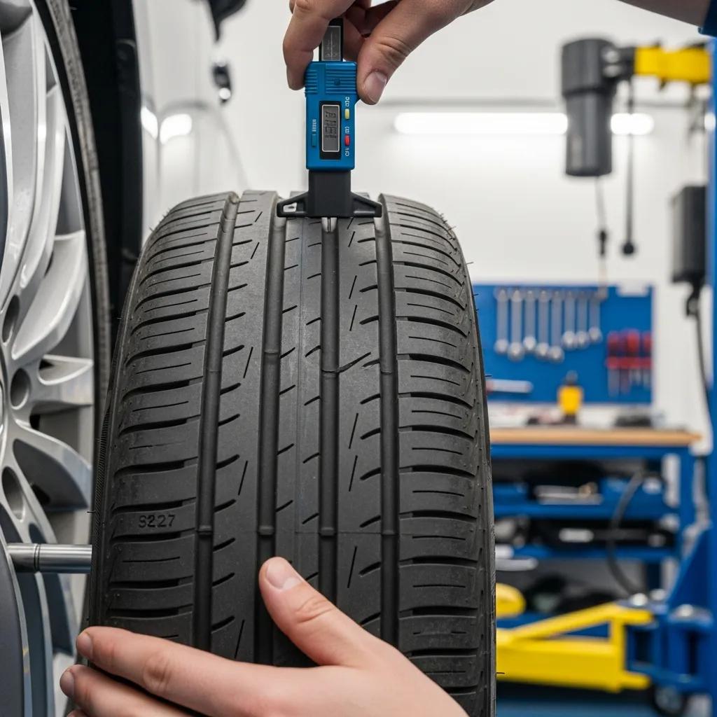 Close-up of a hand using a tread depth gauge to measure tire tread depth during a vehicle inspection in a garage, emphasizing tire maintenance for safe spring driving after winter wear.