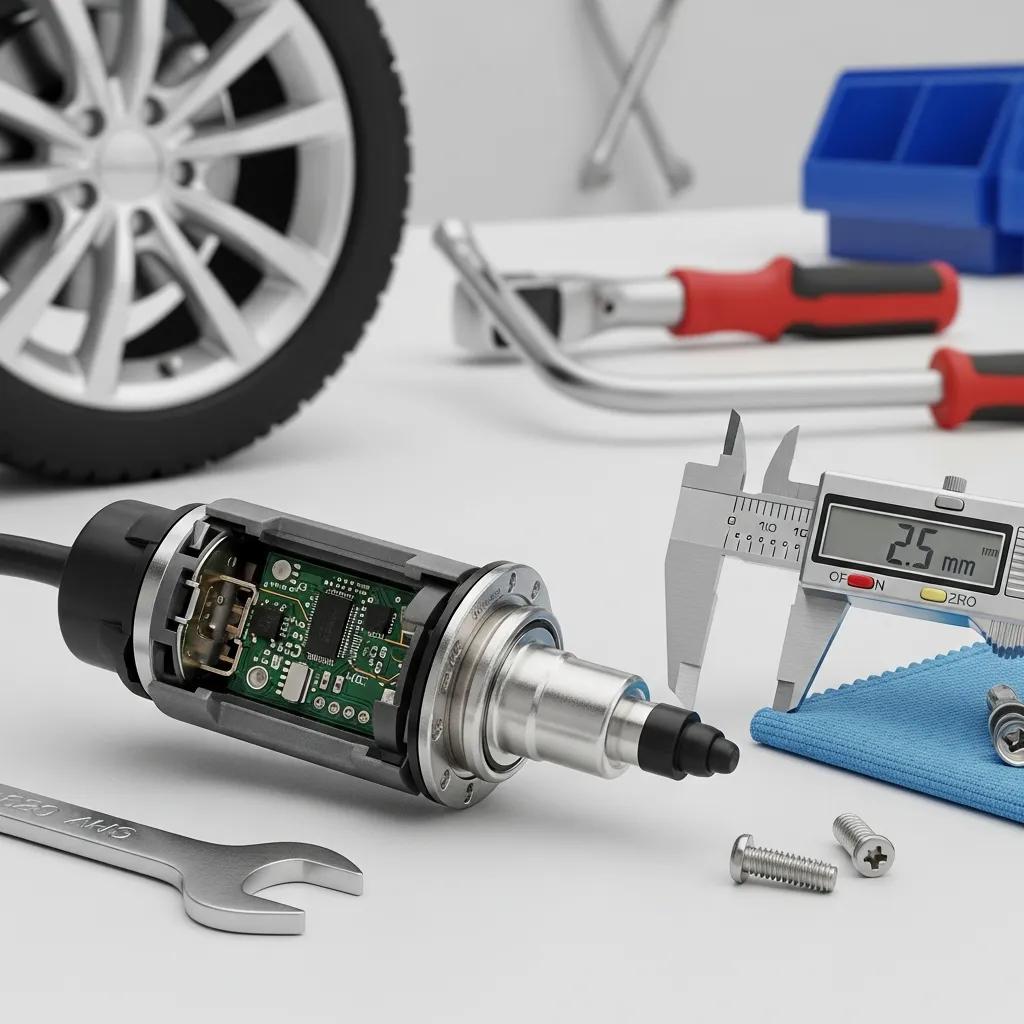 Close-up of a Tire Pressure Monitoring System (TPMS) sensor with visible electronic components, surrounded by a tire, tools, and measurement calipers, illustrating tire safety and maintenance.