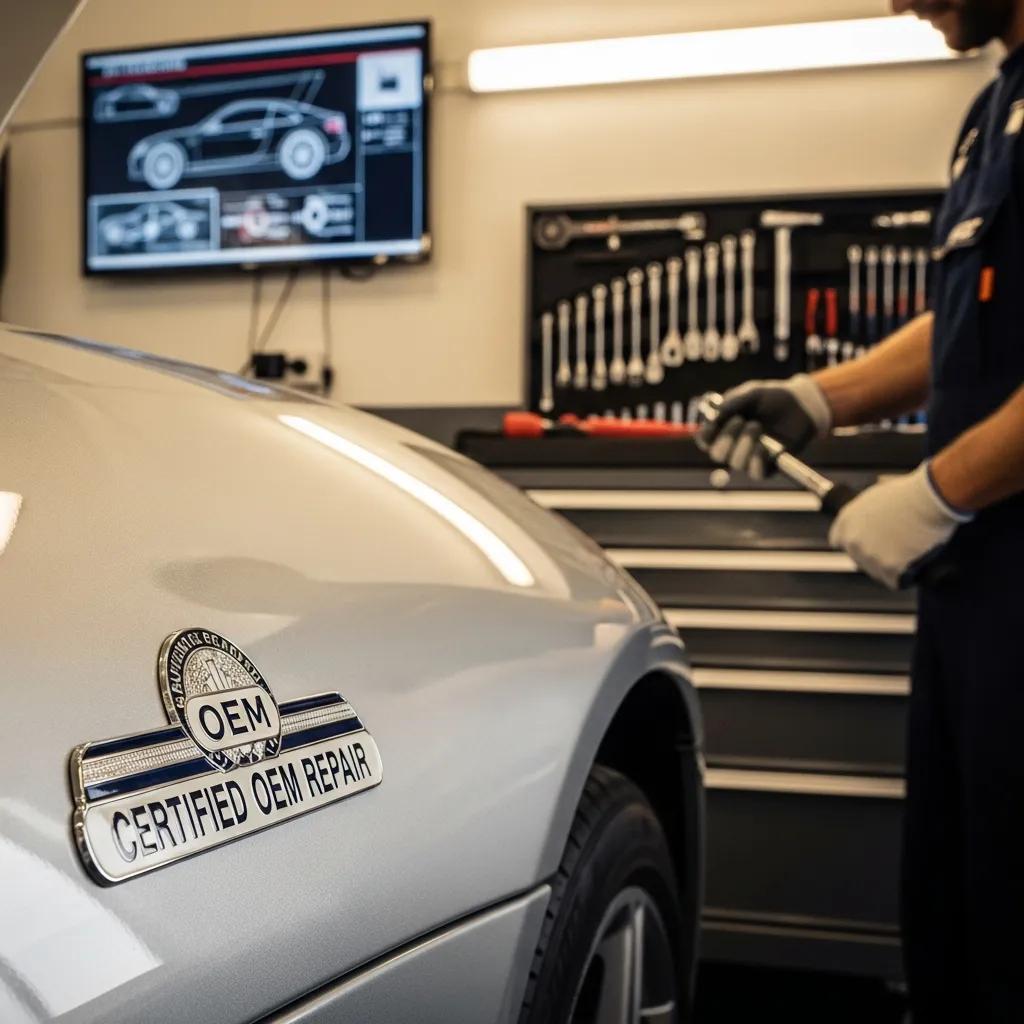 OEM certification badge beside a luxury vehicle in a workshop