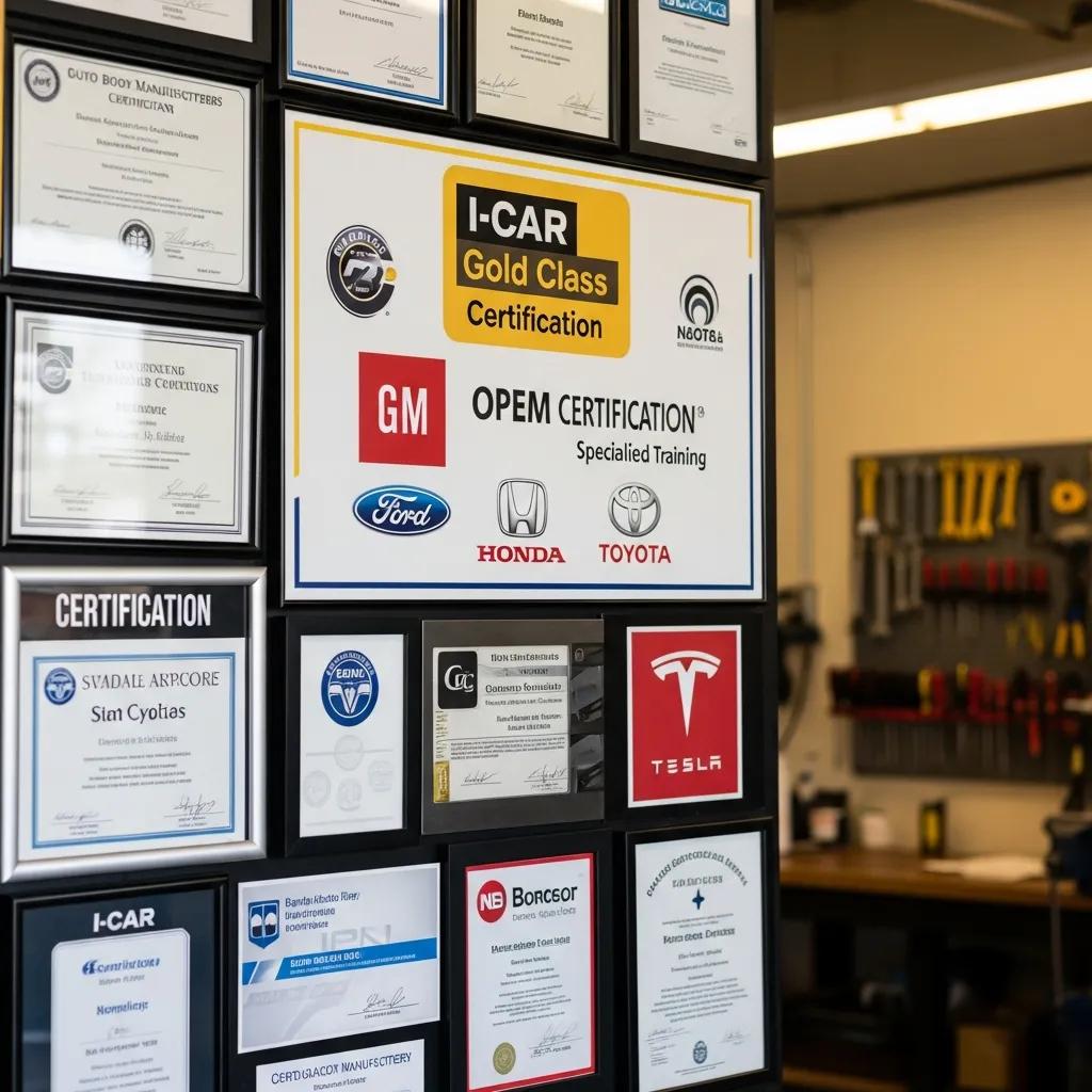 Close-up showing I-CAR and OEM certification plaques at a collision repair shop