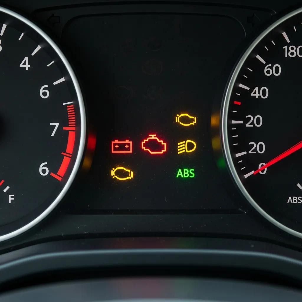 Close-up of a car dashboard displaying illuminated warning lights, including battery, engine, oil, ABS, and headlight indicators, highlighting various levels of urgency for vehicle maintenance.