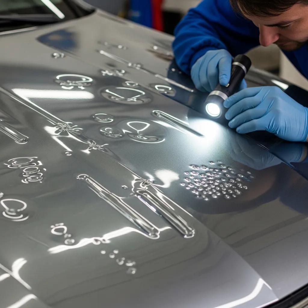 Close-up of a technician inspecting a car hood with various hail damage, including dents and creases, using a flashlight to assess the extent of the damage for repair evaluation.