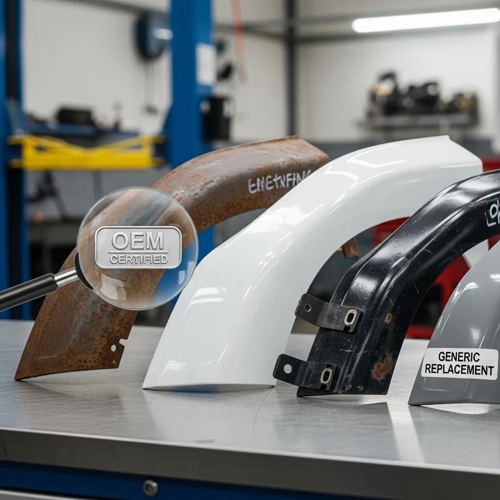 Close-up comparison of OEM-certified auto body parts and aftermarket alternatives, highlighting quality differences relevant for collision repair in Pasadena.