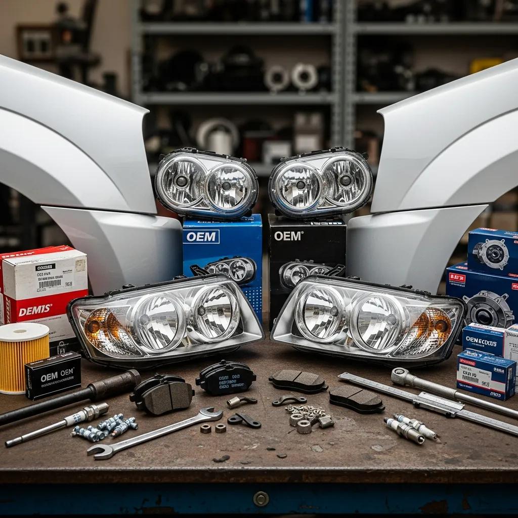 Close-up of OEM and aftermarket auto parts, including headlights, brake pads, and filters, arranged on a workbench, highlighting the importance of parts choice in auto body repair costs.