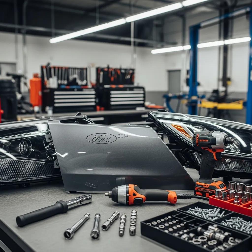 Close-up of OEM parts and tools in a collision shop, illustrating certified repair benefits
